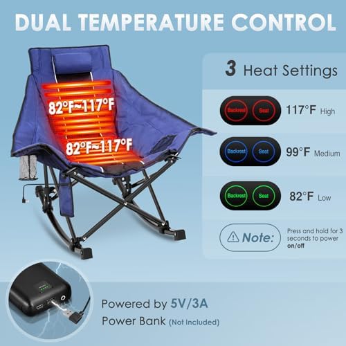 Suteck Heated Rocking Camping Chair, XL Oversized Rocking Chair Outdoor with 3 Heat Levels for Back and Seat, Heated Chairs Outdoor Sports for Patio Lawn Picnic Travel, Power Bank(Not Included)