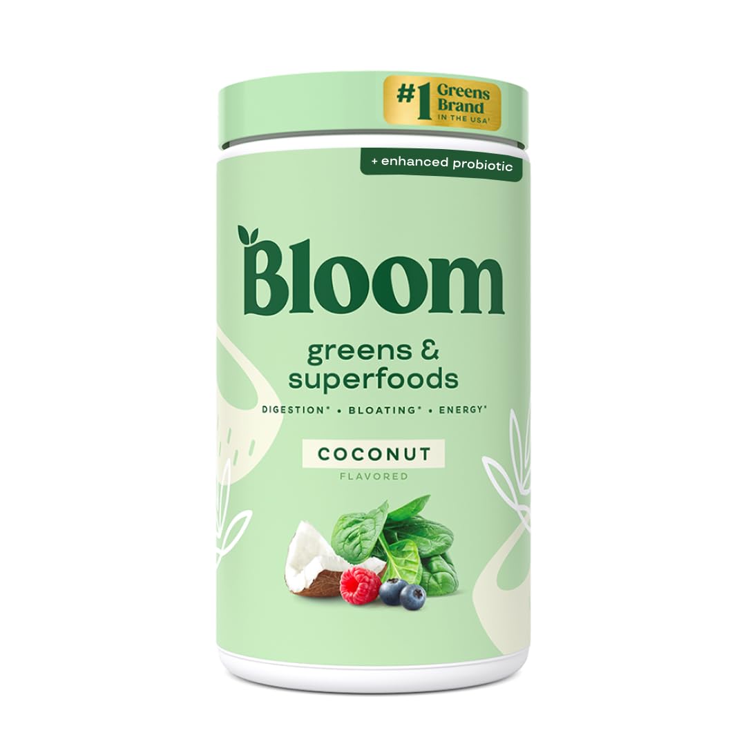 Bloom Nutrition Superfood Greens Powder, Digestive Enzymes with Probiotics and Prebiotics, Gut Health, Bloating Relief for Women, Chlorella, Green Juice Mix with Beet Root Powder, 60 SVG, Coconut