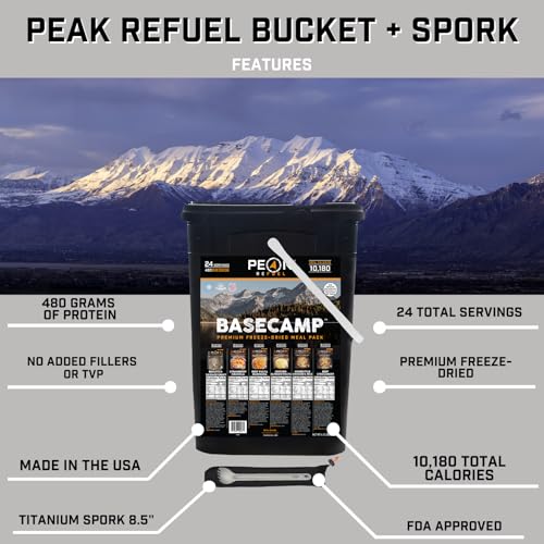Peak Refuel Bucket + Spork | 100% Real Meat | Premium Freeze-Dried Meals for Backpacking, Camping & Survival | 24 Servings | MRE Emergency Food