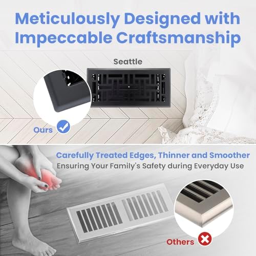 4x10 Inches Heavy Duty Walkable Floor Register Easy Adjust Air Supply Lever Floor Vents - Seattle Design - Vent Cover for Home Floor - Matte Black