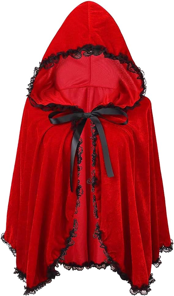 Colorful House Velvet Red Riding Hooded Cape Halloween Christmas Cloak(Black Lace Bright Red,25.59'')