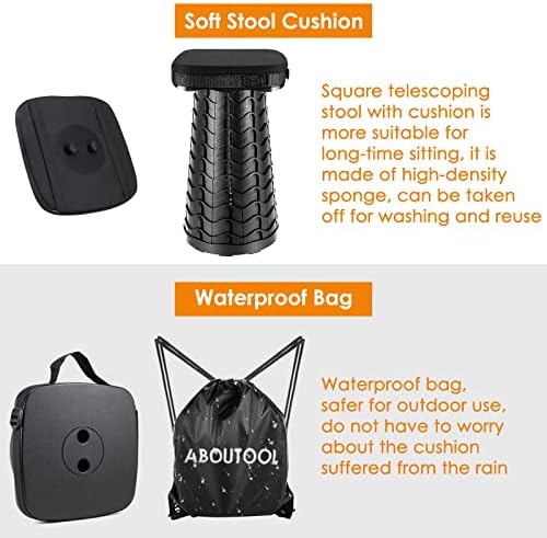 Folding Camping Stool - Square Collapsible Portable Seat with Elastic Cushion & Adjustable Nylon Bag, Sturdy Lightweight Telescoping Design, Max Load 485lb