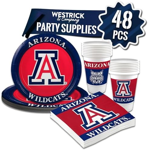 Arizona Wildcats Party Supplies 48 Piece Officially Licensed University Set: 16 oz. Plastic Beverage Cups, 9" Paper Plates, Luncheon Napkins, Complete Party Supplies for 16 Guests by Westrick
