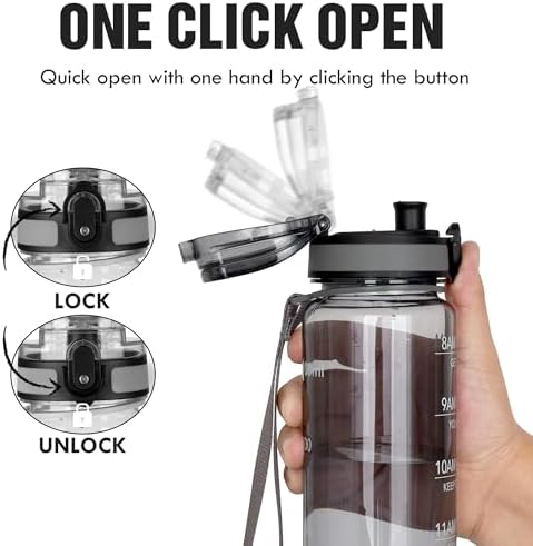 OLDLEY Water Bottle, 32oz Motivational Sports Water Bottle with Time Marker - Times to Drink - Tritan, BPA Free, Wide Mouth Leakproof,Smoke Grey (1 Bottle)
