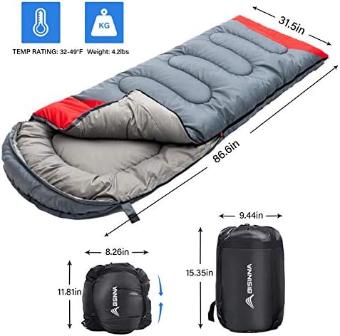 BISINNA Sleeping Bag with Pillow - 4 Season Backpacking Sleeping Bag Lightweight Waterproof Warm and Washable for Adults, Kids, Women, Men's Outdoors Camping, Hiking, Mountaineering
