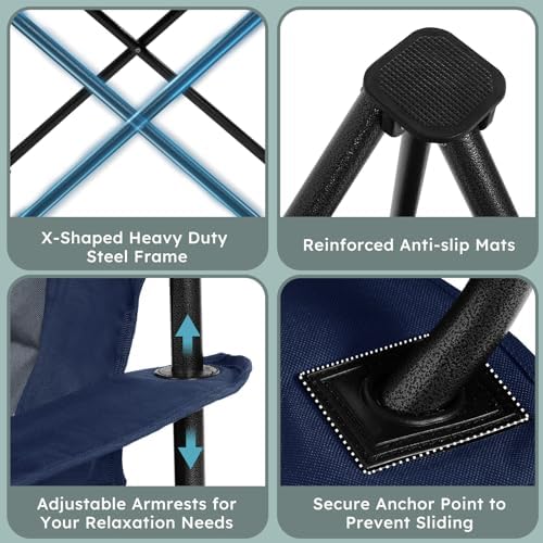 Oversized Folding Camping Chairs - 450 LBS Support Heavy Duty Camp Chair with Padded Cushion, Portable Outside Chairs with Carry Bag,Cooler, Cup Holder for Outdoor, Lawn, Sports - Blue