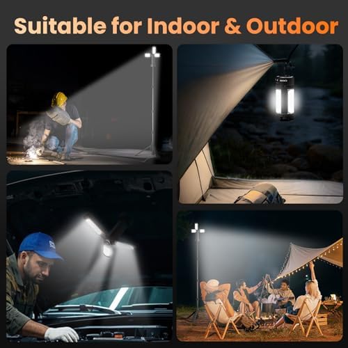 CAVN Rechargeable 10000mAh Camping Lights with Stand 6.5 ft Max Height, Portable Cordless LED Work Light 2200 Lumens 6500/4500/3500K Dimmable Camping Essentials Gear with Detachable Tripod, Black