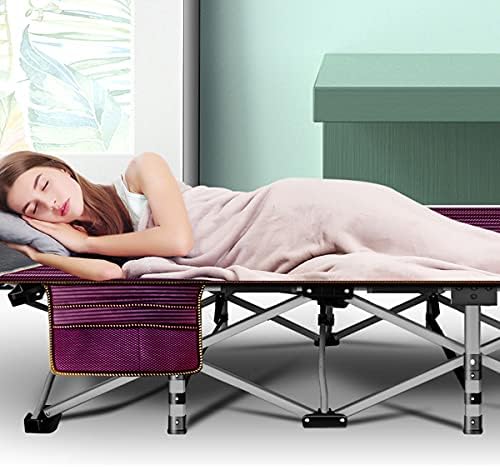 ABORON Folding Camping Cot W/Mat for Adults, Heavy Duty Outdoor Bed with Carry Bag,1200 D Layer Oxford Travel Camp Cots (1, Red Stripe with Blue Pad)