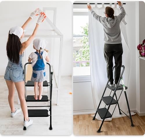 3 Step Ladder, Protable Steel Folding Stool with Wide Anti-Slip Pedal, 500lbs Sturdy Steel Ladder, Black