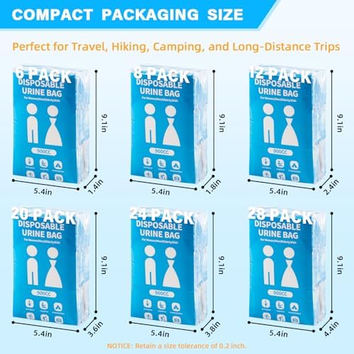 Disposable Urine Bag for Travel - 900ML Portable Pee Bags for Women Men 8/12/20/24/28 PCS Emergency Vomit Bags Urinal Toilet for Car Camping, Road Trip,Traffic Jam, Pregnant, Kid, Patient