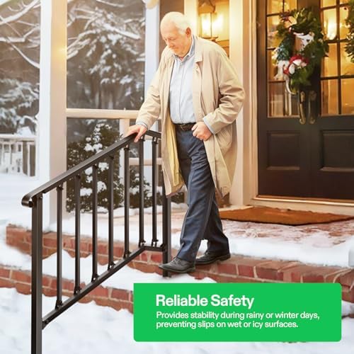 VIVOSUN Outdoor Handrail, 4 Step Stair Handrail, 54" x 36" Fits 1 to 4 Steps, Wrought Mattle Iron Stair Railing with Curved End and Balusters for Concrete Step, Porch Steps, One-Step Assembly, Black