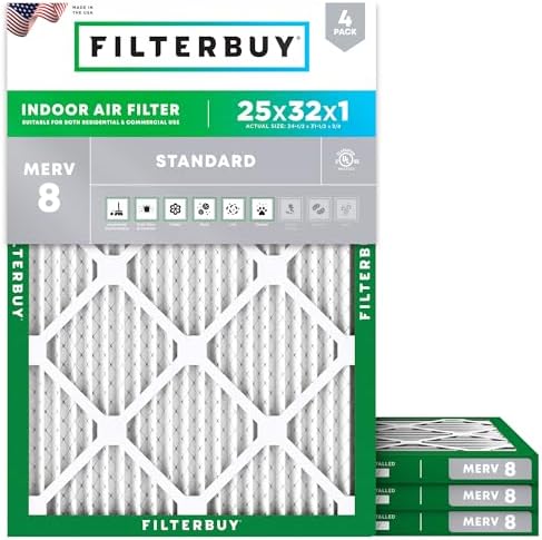 Filterbuy 25x32x1 Air Filter MERV 8 Dust Defense (4-Pack), Pleated HVAC AC Furnace Air Filters Replacement (Actual Size: 24.50 x 31.50 x 0.75 Inches)