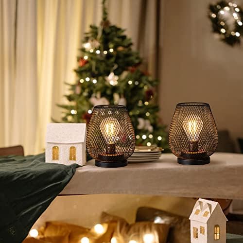 DECORKEY Set of 2 Rechargeable LED Table Lantern, Brown Metal Cage Cordless Lamps with LED Bulb,Vintage Decorative Outdoor Lantern for Weddings, Parties, Patio, Events for Indoors Shelf Decor