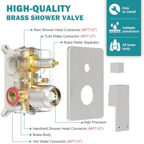 Brushed Nickel Shower System, Shower Faucet Set with 10-Inch Rain Showerhead and Handheld Spray, Wall Mounted High-Pressure Showerhead Combo Set Included Valve and Trim, Brushed Nickel