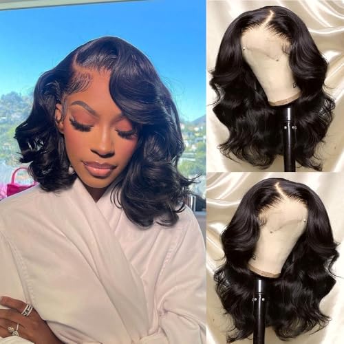 Bob Wig Human Hair 13x4 Body Wave Lace Front Wigs Human Hair 180% Density Lace Front Wigs Human Hair Pre Plucked Human Hair Wigs for Black Women Wigs Human Hair with Baby Hair (14 Inch, Natural Black)
