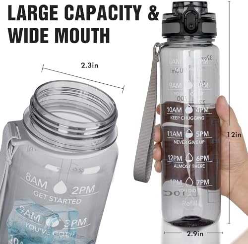 OLDLEY Water Bottle, 32oz Motivational Sports Water Bottle with Time Marker - Times to Drink - Tritan, BPA Free, Wide Mouth Leakproof,Smoke Grey (1 Bottle)