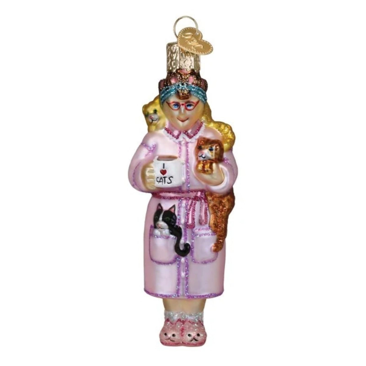 Old World Christmas Cat Lady Glass Blown Ornament for Christmas Tree, Handcrafted Holiday Decoration, Cat Collection