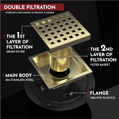 4 Inch Square Shower Floor Drain with Flange,Quadrato Pattern Grate Removable,Food-Grade SUS 304 Stainless Steel,Watermark&CUPC Certified, Brushed Gold
