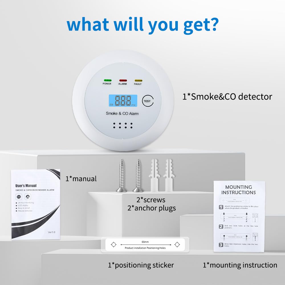 2 in1 Smoke Detector Carbon Monoxide Detector Combo,with LCD Digital Display and Sound Warning Test Button,Battery Powered,Easy Installation, for Home, Bedroom, Kitchen (1PACK)