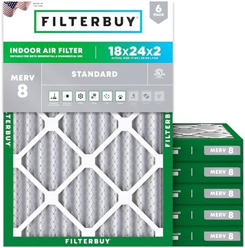 Filterbuy 18x24x2 Air Filter MERV 8 Dust Defense (6-Pack), Pleated HVAC AC Furnace Air Filters Replacement (Actual Size: 17.38 x 23.38 x 1.75 Inches)