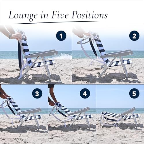 CARIBBEAN JOE Folding Beach Chair, 5 Position Portable Backpack Foldable Camping Chair with Headrest and Cup Holder Armrests, Bold Stripe