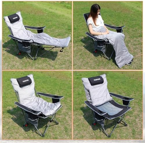 Reclining Camping Chair with Removable Footrest Lounge Chair with Headrest, Cotton Cushion, Portable Adjustable Folding Chairs for Adults Black