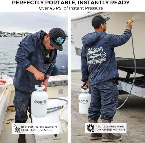 Pomo High Pressure 5L Portable Shower, Outdoor Shower, Camping Shower, Surf Rinse Kit, Beach Shower, Dog Wash, Boat Rinse, Car Shower, 1.5 Gallon Multi-use Sprayer, Hand Pump 45 PSI - No Power Needed!