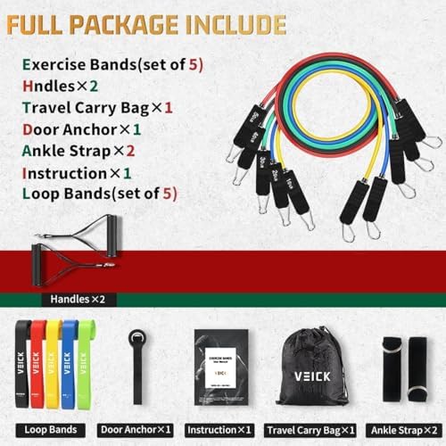 VEICK Resistance Bands, Exercise Bands, Workout Bands Set for Working Out with Handles for Men Women, Elastic Exercising Bands for Fitness Weights Work Out at Home Gym