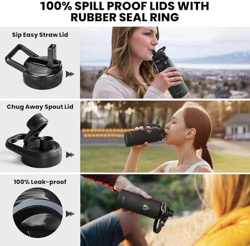 Insulated Water Bottle 32 oz, Triple Wall Vacuum Stainless Steel (Cold for 48 Hrs), Leak Proof & Non-BPA, Modern Water Flask Jug with Paracord Handle & Straw Spout Lids, Magic Black