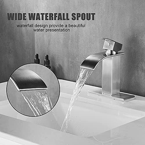 Bathroom Faucet Brushed Nickel Modern Waterfall Bathroom Sink Faucet with Single Handle Suitable for 1 or 3 Holes,Supply Deck Plate and Hose