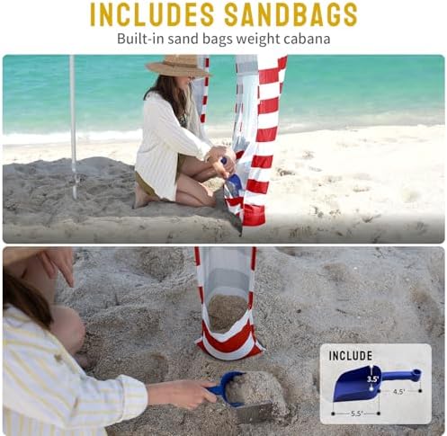 CROWN SHADES Beach Cabana 6.5 x 6.5, Cool Cabana Beach Tent Easy Pop Up - Beach Cabanas for Sand - UPF50+ Protection with Sidewall and More Pockets, Red