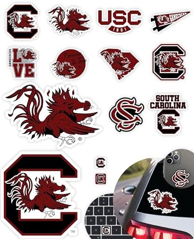 South Carolina Stickers (14 Piece) Gamecocks Gifts for Men Football Fans for Car Laptop Water Bottle + 2 Large USC Car Decals, 10 Water Bottle Size, 2 Keyboard Size