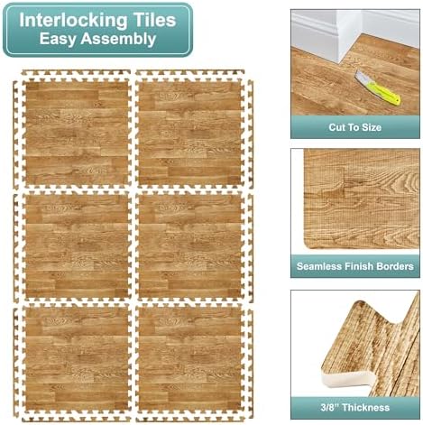 Sorbus 48Sq. Ft. Wood Grain Floor Tiles Foam Mat EVA Interlocking Mats Tile 3/8-Inch Thick Flooring Wood Puzzle Exercise Mats w/Borders - Home Playroom Basement, Apartment, Trade Show, Baby, Dance