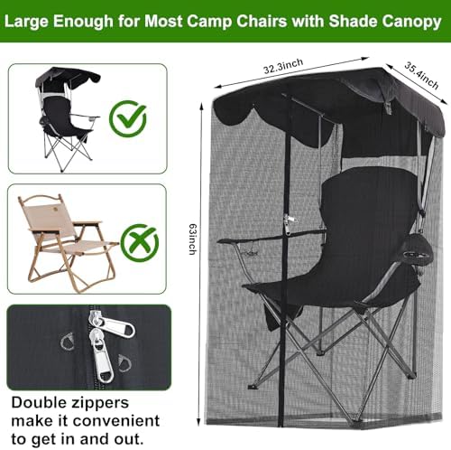 63" H Mosquito Net Cover for Canopy Chair, Bug Barrier Mosquitos Mesh Tent Black Chair Mosquito Netting with Zipper Opening 35"X32" Waterproof Roof for Fishing Camping Chairs Outdoors, Excluding Chair