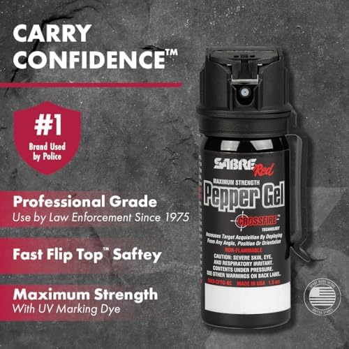SABRE Crossfire Pepper Gel, Deploys At Any Angle, Maximizes Target Acquisition Against Multiple Threats, Belt Clip For Easy Carry, Fast Flip Top, Max Police Strength OC, Pepper Spray Option 1.5 fl oz