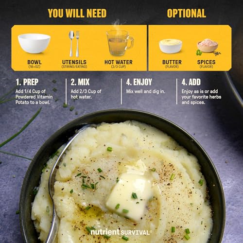 Nutrient Survival Potato Flakes, Powdered Vitamin Potato (30 Servings) for Mashed Potatoes, Soups, Emergency Food Supply & Camping Supplies, 38 Nutrients, Shelf Stable Up to 25 Years, One Can