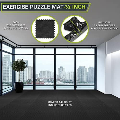 ProsourceFit Puzzle Exercise Mat ½ in, EVA Interlocking Foam Floor Tiles for Home Gym, Mat for Home Workout Equipment, Floor Padding for Kids, Black, 24 in x 24 in x ½ in, 48 Sq Ft - 12 Tiles