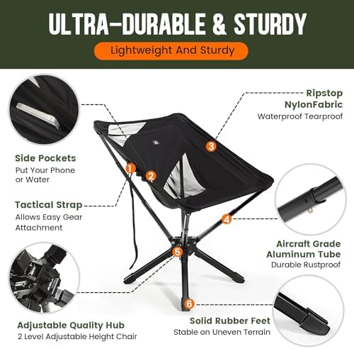 RiseLite Adjustable Portable Chair - Small Compact Folding Chair for Adults, Setup in 6 Seconds, Lightweight Outdoor Backpack Chairs for Camping, Travel, Hiking, Concert