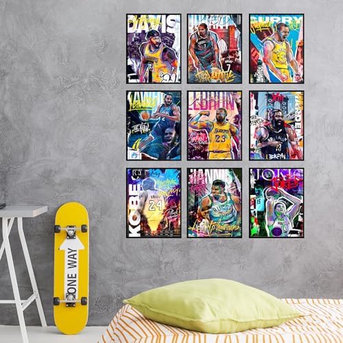 Bigwig Prints Basketball Posters for Boys Bedroom - Basketball Room Decor, Nba Posters, Steph Curry, Kobe Bryant Wall Art, Kevin Durant, Lebron James, Sports Art For Bedroom - Unframed Set of 9 (8x10)