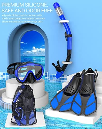 Snorkeling Gear for Adults Men Women,4 in 1 Snorkel Set with Panoramic View Diving Mask Anti-Fog Anti-Leak,Dry Top Snorkel,Fins and Travel Bag for Swimming,Snorkeling and Travel Diving