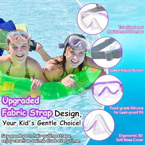 Vvinca Kids-Goggles with Nose Cover, Diving Mask Elastic Fabric Strap Anti Fog Anti Shattered Lens for Kids Swim Goggles 3-14