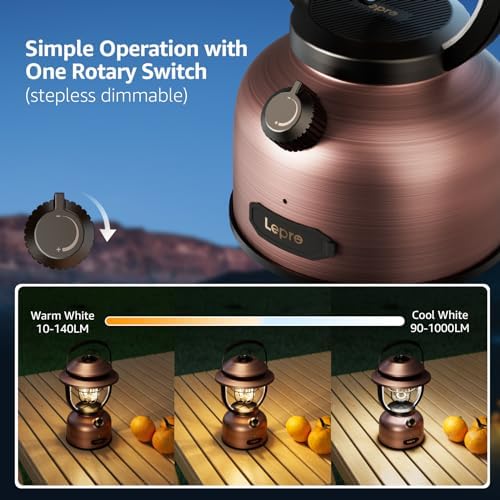 Lepro Retro Classic LED Camping Lantern, High Lumens, Daylight White 2500K and 5000K, Dimmable, USB Rechargeable, Waterproof for Camping, Vintage Decoration and Emergency (USB Charging Cable Included)