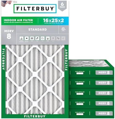 Filterbuy 16x25x2 Air Filter MERV 8 Dust Defense (6-Pack), Pleated HVAC AC Furnace Air Filters Replacement (Actual Size: 15.50 x 24.50 x 1.75 Inches)