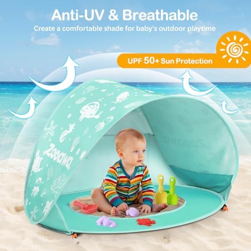 Zooawa Baby Beach Tent, Pop Up Beach Tent Sun Shade for Beach, Portable Shade Pool UV Protection Sun Shelter for Infant with Beach Sand Toys Set