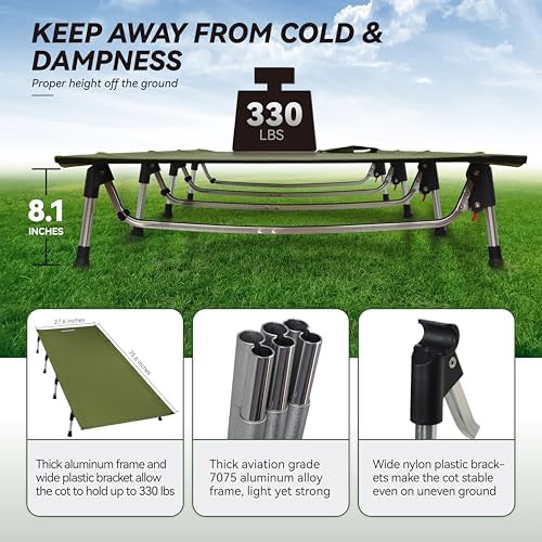 MARCHWAY Lightweight Folding Tent Camping Cot Bed with Lever Lock, Easy Setup Portable Compact for Outdoor Travel, Hunting, Hiking, Motorcycling, Support 330Lbs (Army Green)