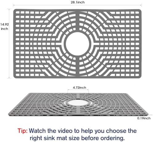 Silicone Sink Protector 28"x15" Center Drain Hole, Heat Resistant Non-slip Dishwasher Suitable, Large Mat for Bottom of Farmhouse Kitchen Stainless Steel Sink(Grey)