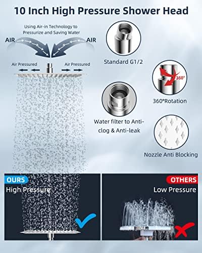 Hibbent All Metal Shower Head,10'' High Pressure Rain Shower Head/Handheld Showerhead Combo with 16'' Adjustable Arc-shaped Shower Extension Arm, 7-Spray, 71'' Hose Adhesive Showerhead Holder, Chrome