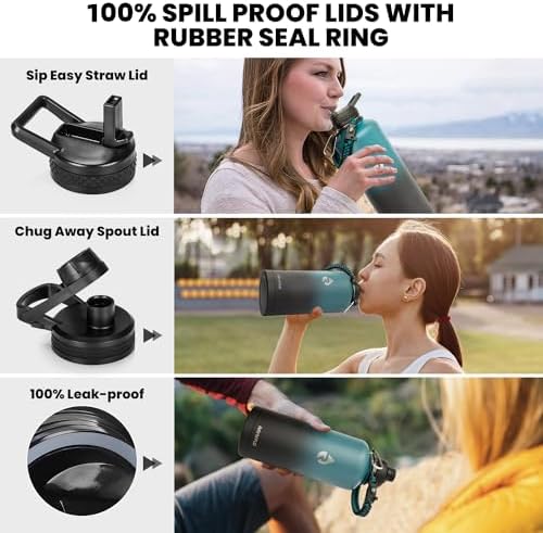 Insulated Water Bottle 87 oz, Triple Wall Vacuum Stainless Steel (Cold for 48 Hrs), Leak Proof & Non-BPA, Modern Water Flask Jug with Paracord Handle & Straw Spout Lids, Indigo/Black