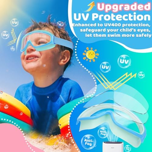 Vvinca Kids Goggles with Comfort Fabric Strap, Kids Swim Goggles Wide View Anti-Fog/UV No Leaking Swimming Goggles for 3-14