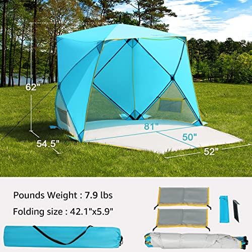 Pop Up Beach Tent, Portable Shade Sun Shelter UPF50+ UV Protection for 4 Person Extendable Floor for Fishing Hiking Camping, Waterproof Windproof(Blue)